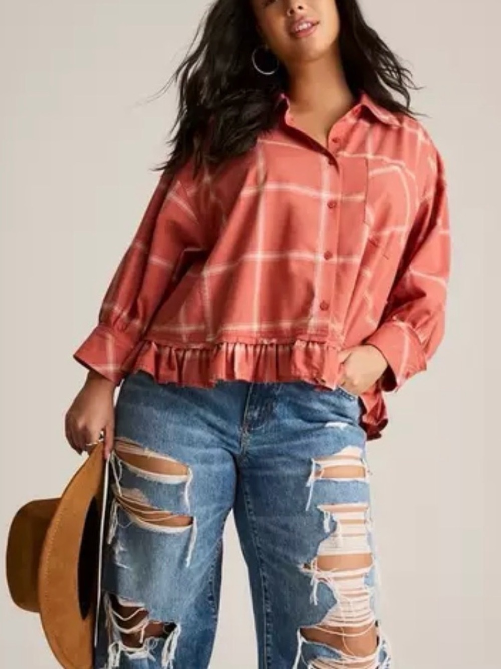 Torrid Festi Oversized Ruffle Plaid Button Down Peplum Blouse Top Aragon Red 2X
